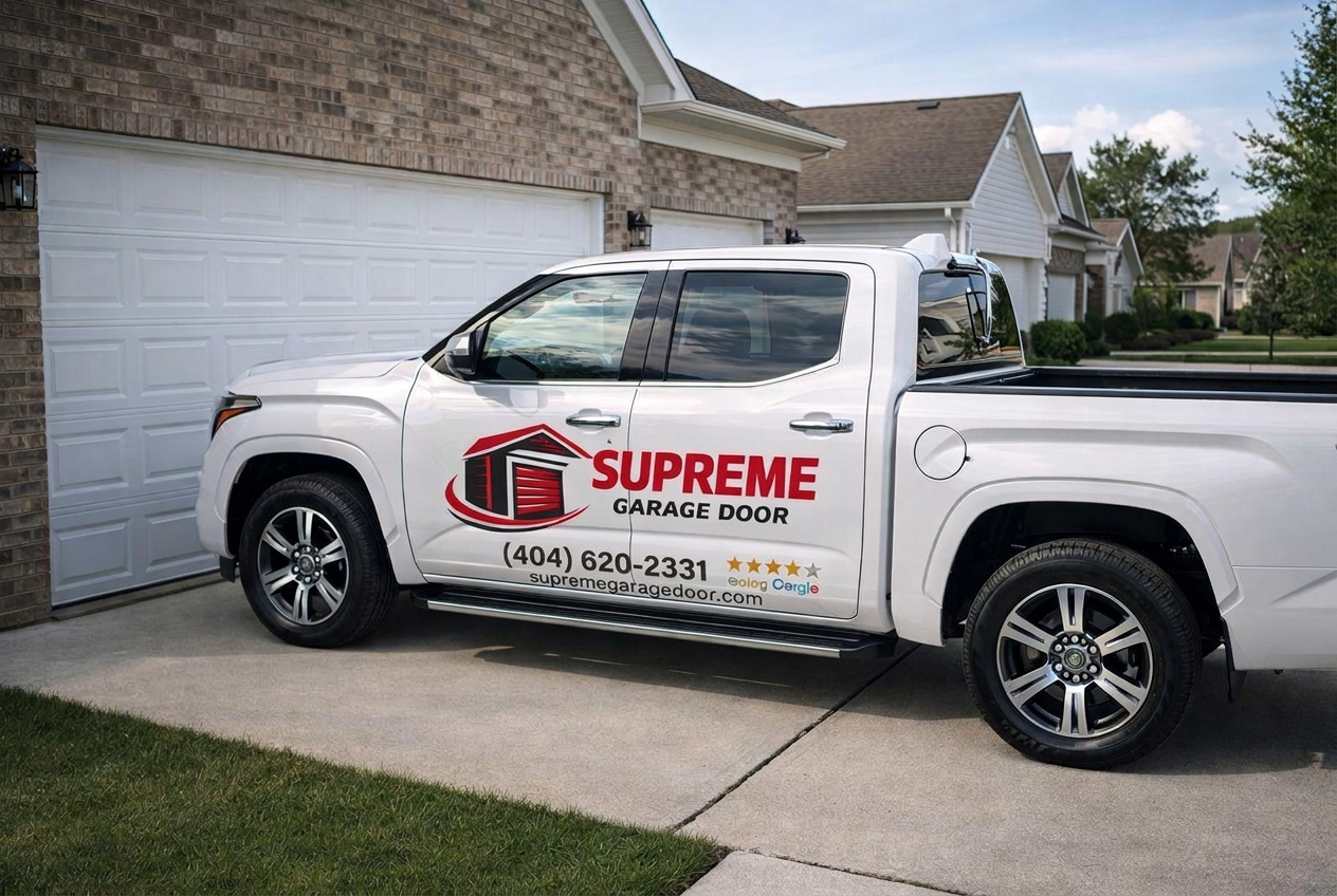 Supreme Garage Doors service truck with the (404) 620-2331 phone number